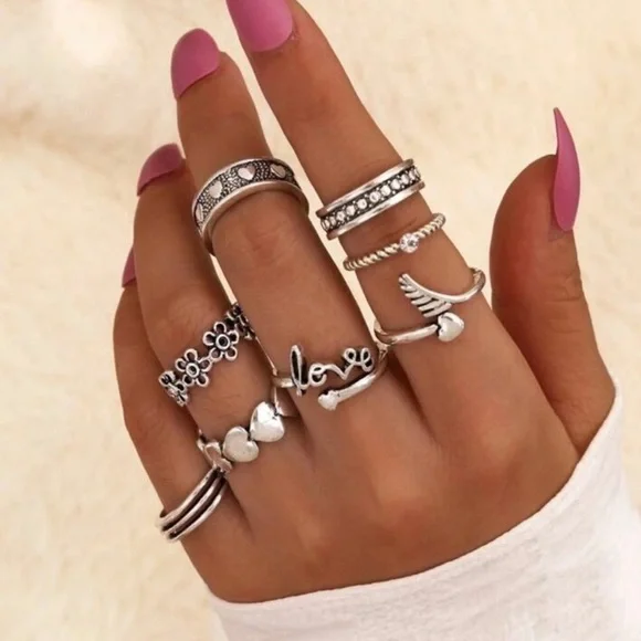 JWR9) New! 8pc Antique Silver Boho Hearts Words flowers Set if 8 Rings - Picture 5 of 5